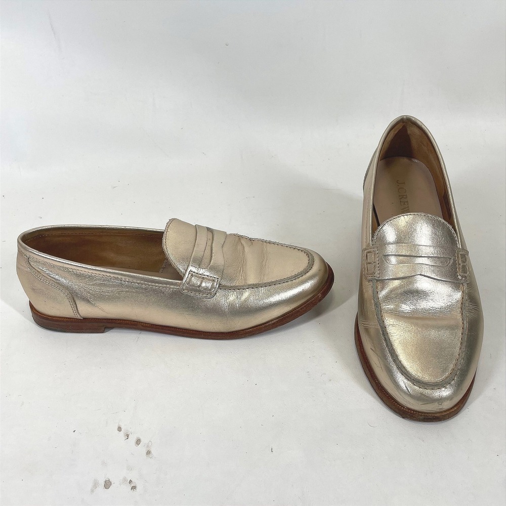J. Crew Academy Loafers Womens 7.5 Metallic Gold Leather Penny Shoes H8228 FA18